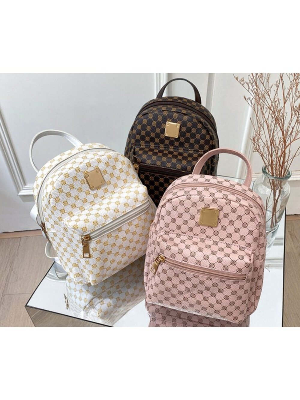 Set of 3 Mini Faux Leather Backpacks With Gold Hardware & Geometric Pattern (Whi